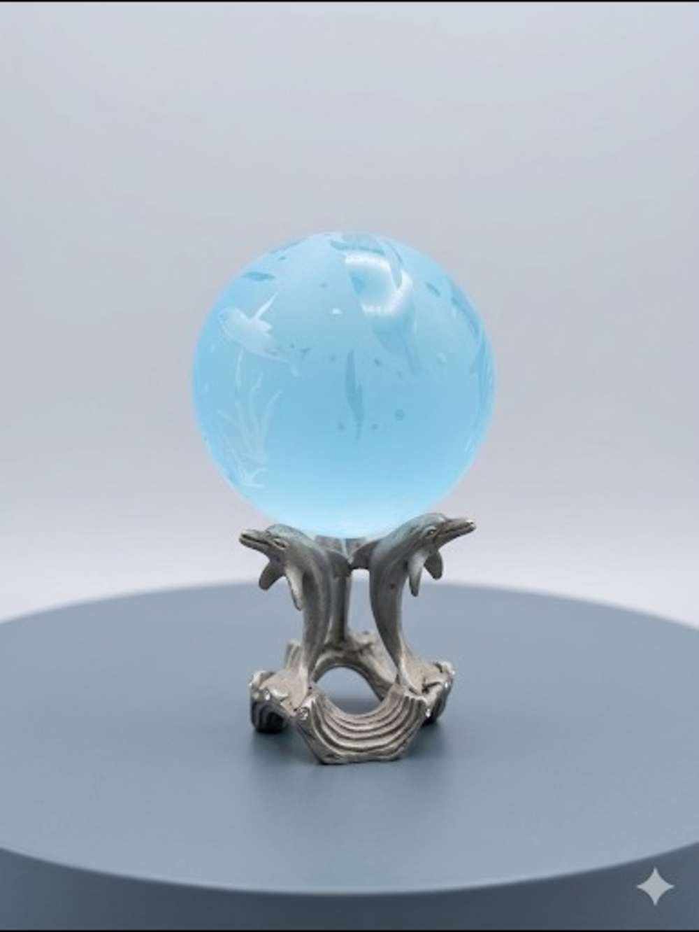 Vintage Frosted Blue Glass Ocean Sphere w/ Pewter Dolphin Stand
